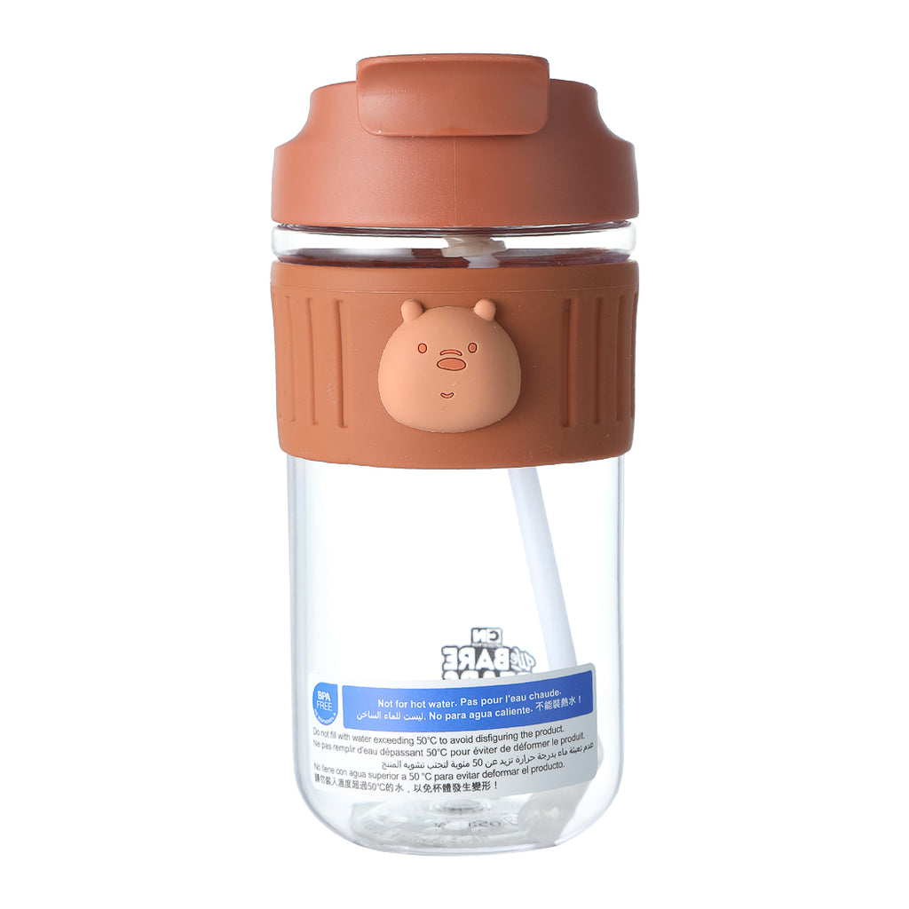 Miniso We Bare Bears Collection 4.0 Plastic Water Bottle with Straw and Spout Cap, 650mL(Grizz)